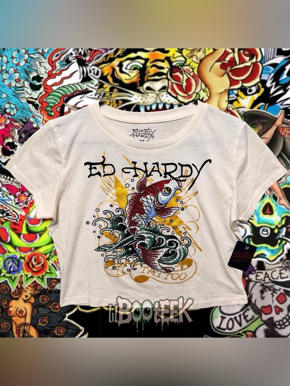 Ed Hardy XL Ivory White Crop Top Rhinestone Koi & Wave Tattoo Logo NwT Y2K